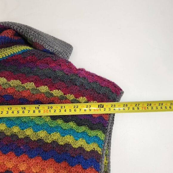 Hand Knit Rainbow Striped Hooded Poncho Unisex Hippie Colorful Yarn - Picture 11 of 14